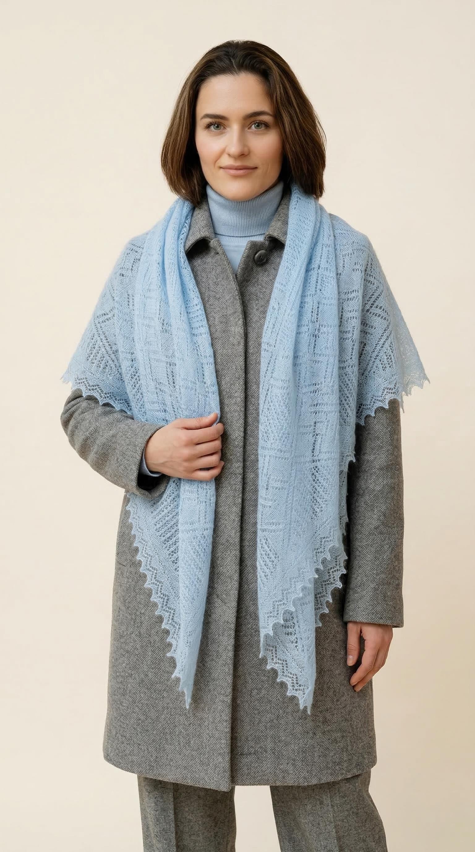 Authentic Orenburg lace-patterned down shawl, color blue