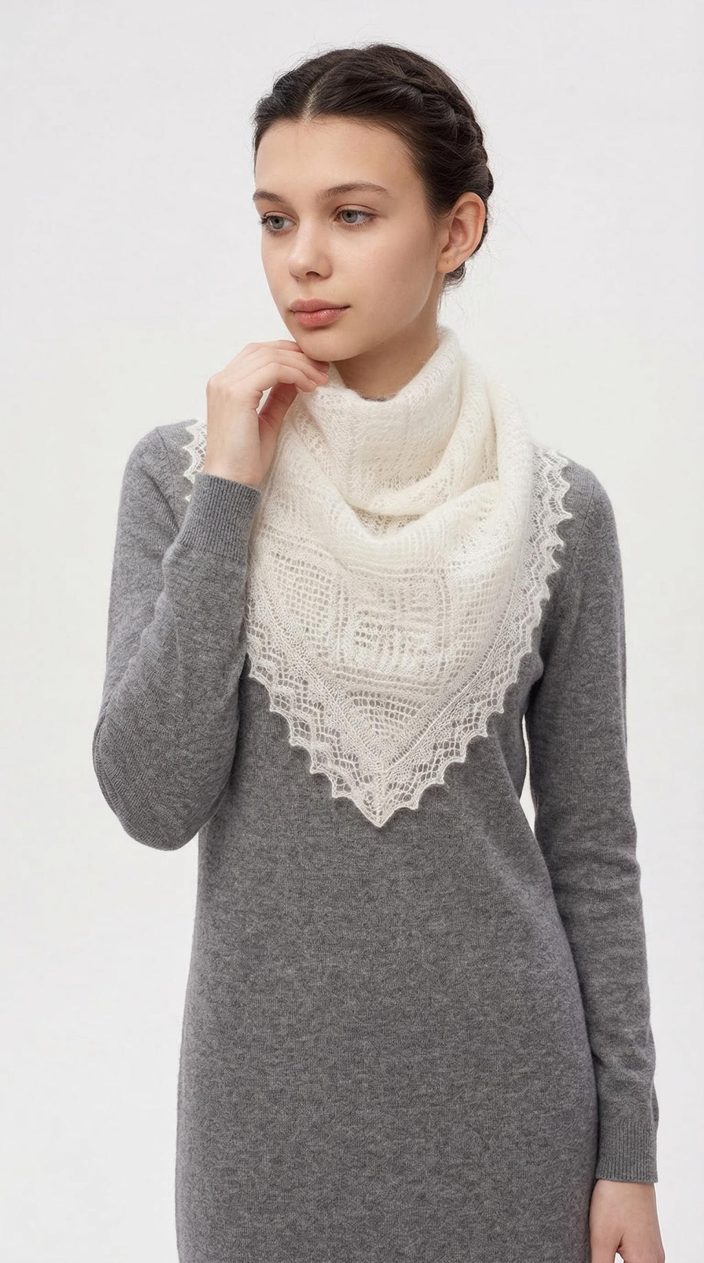 Authentic Orenburg lace-patterned down shawl, color ecru