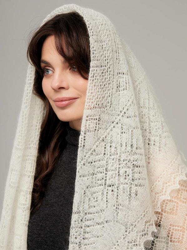 Authentic Orenburg lace-patterned down shawl, color ecru