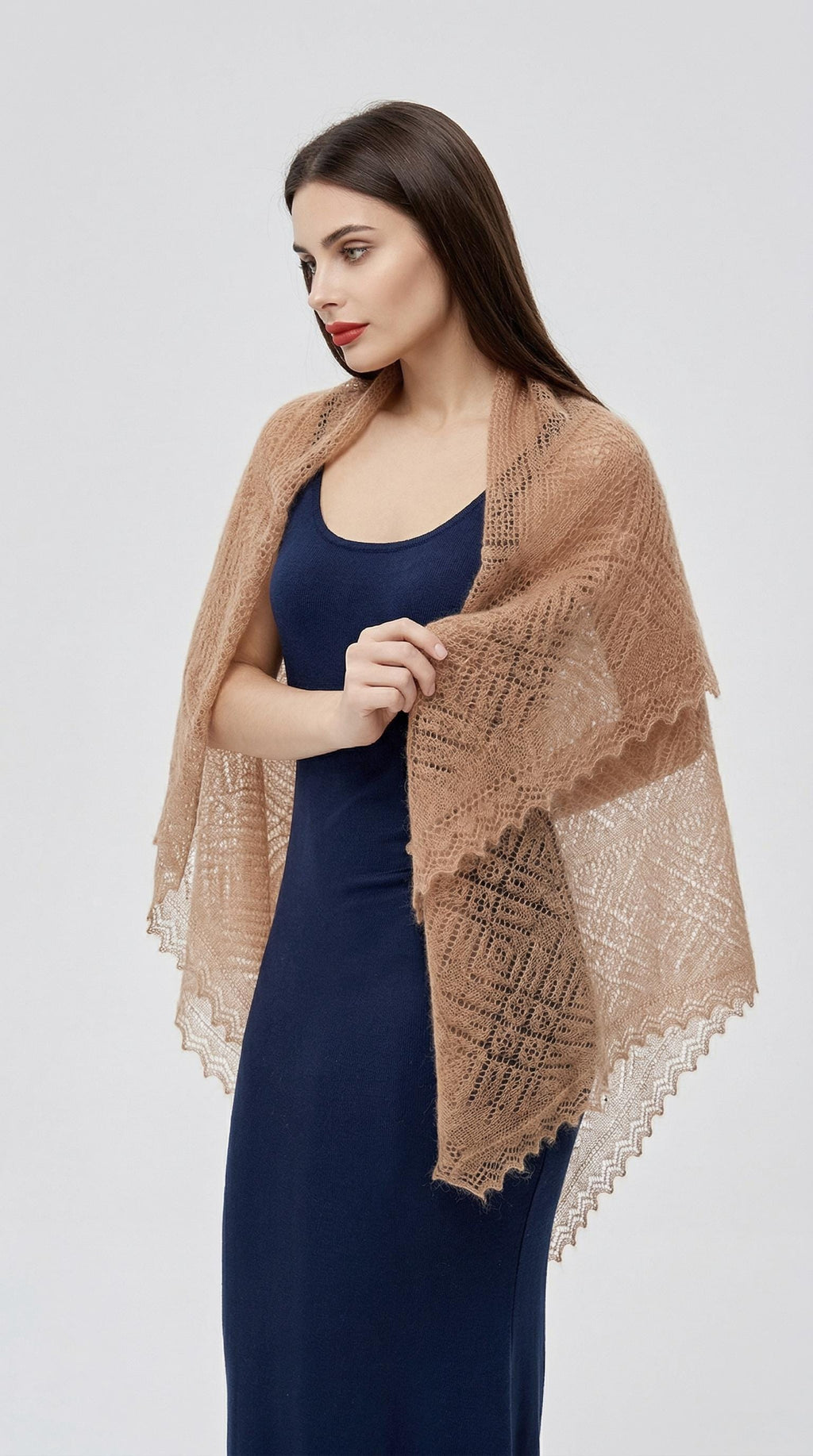 Authentic Orenburg lace-patterned down shawl, dark beige