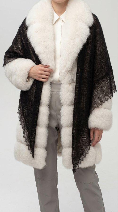 Authentic Orenburg lace-patterned down shawl, color black