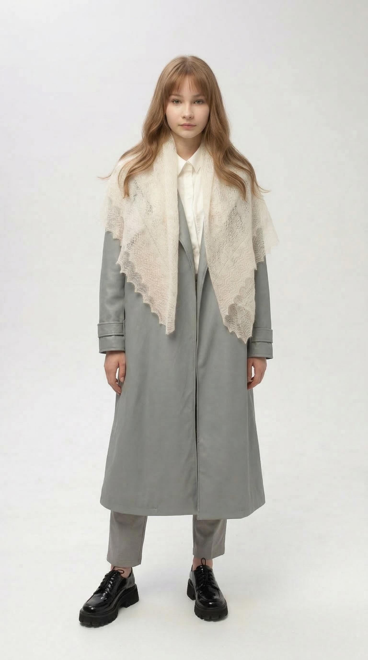 Authentic Orenburg Lace Down Shawl with Natural Silk, color ecru