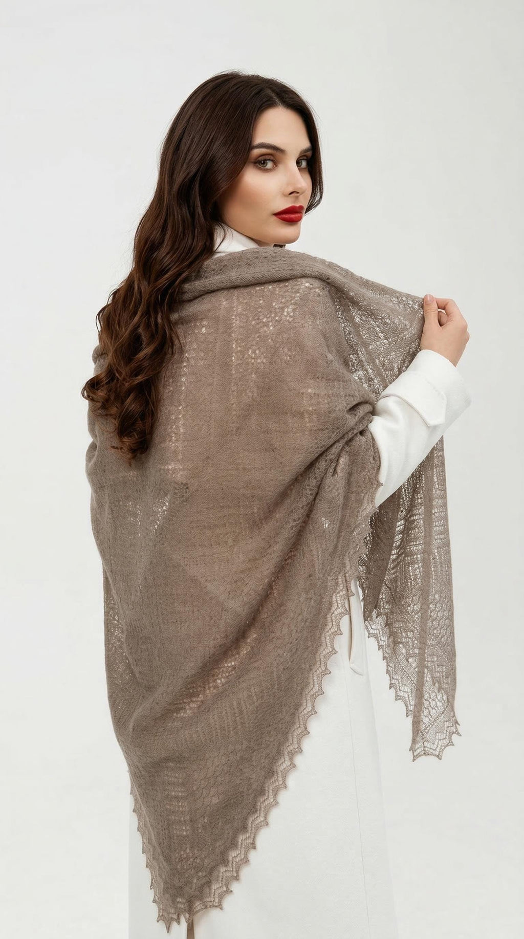 Authentic Orenburg lace-patterned down shawl, color grey