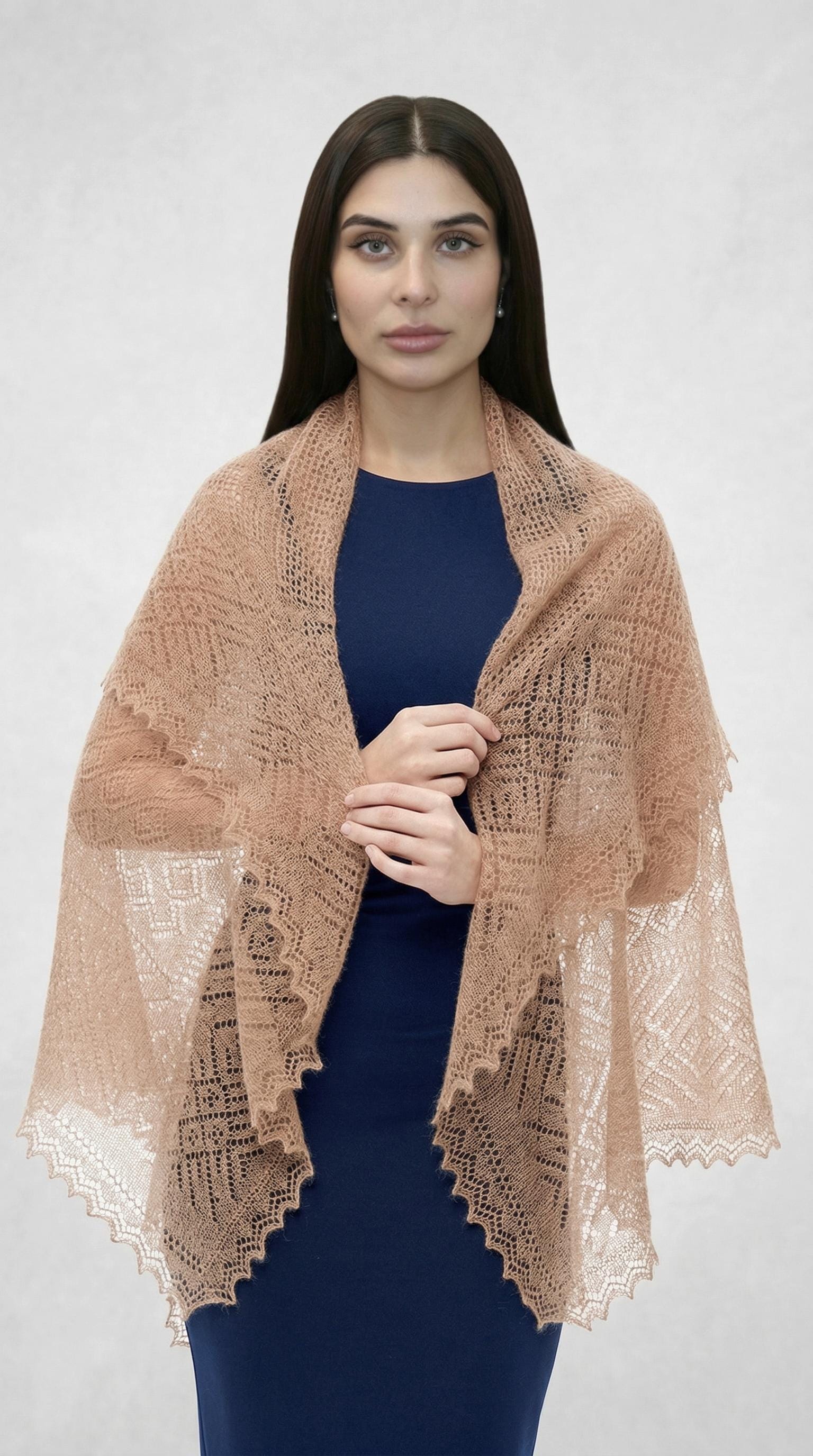Authentic Orenburg lace-patterned down shawl, dark beige