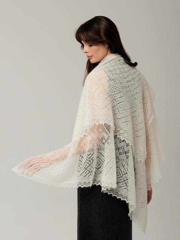 Authentic Orenburg lace-patterned down shawl, color ecru