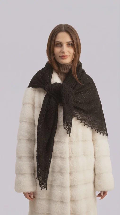 Authentic Orenburg lace-patterned down shawl, color black