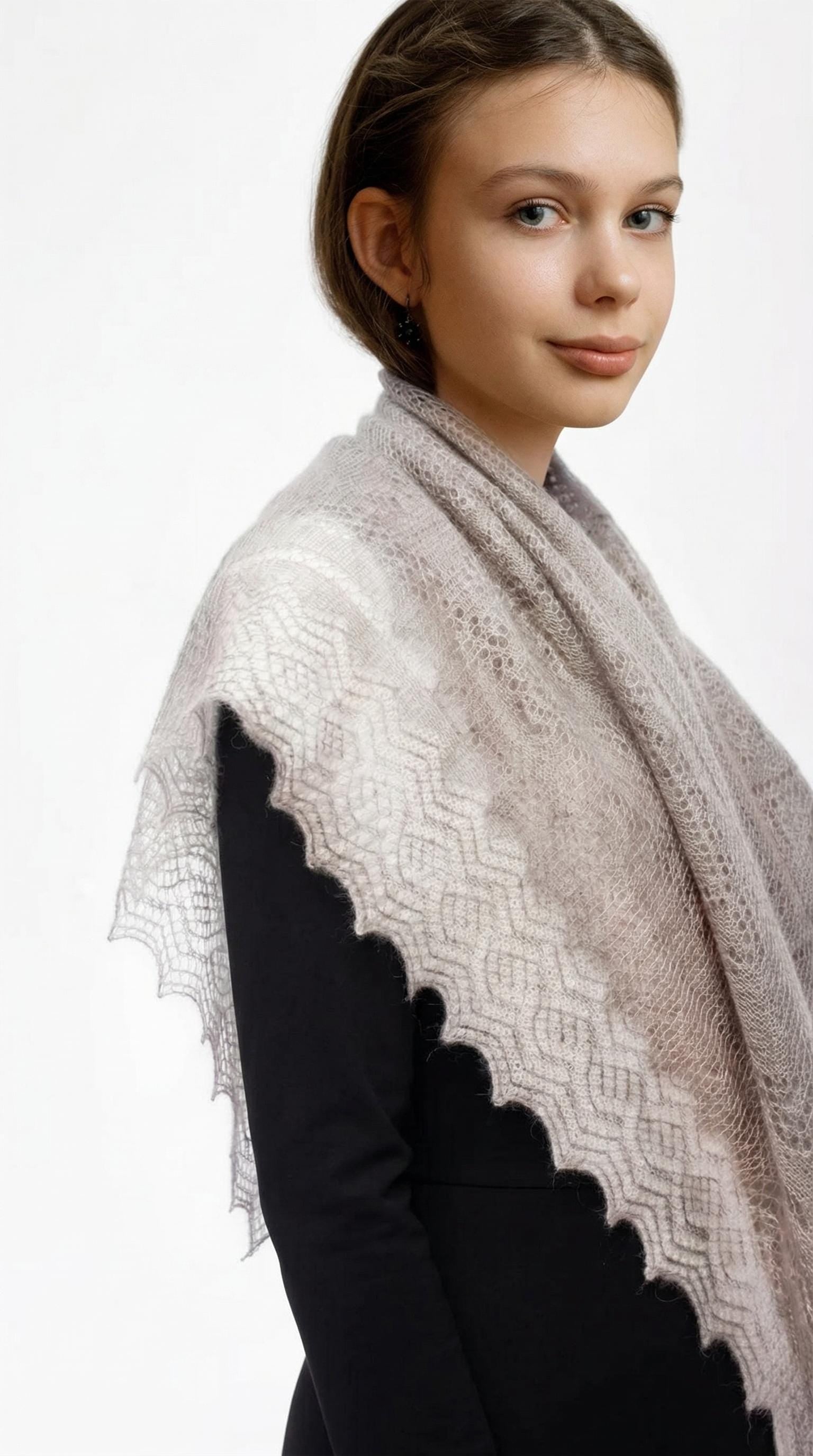 Authentic Orenburg Lace Down Shawl with Natural Silk, color Natural Grey