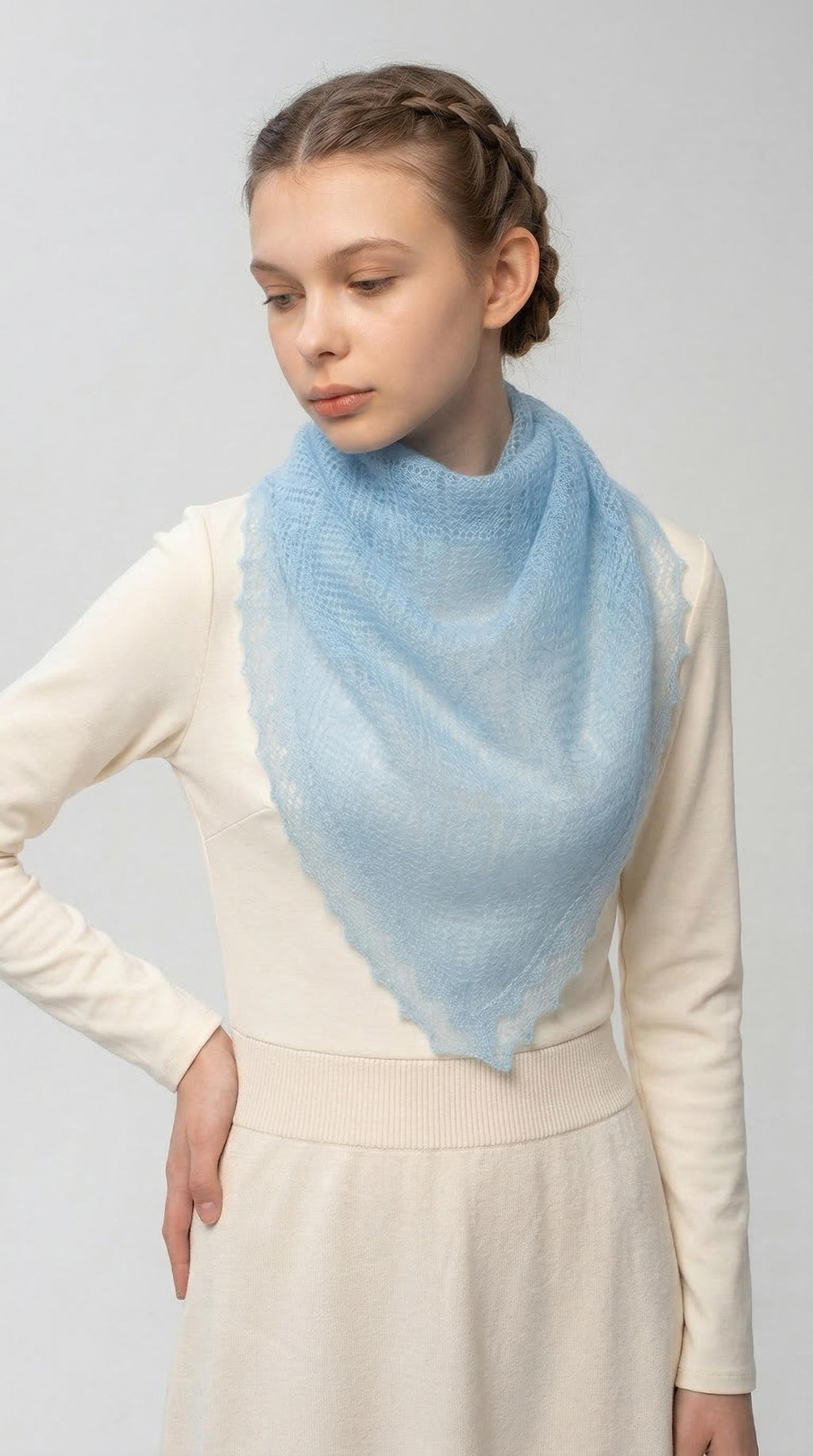 Authentic Orenburg lace-patterned down shawl, color blue
