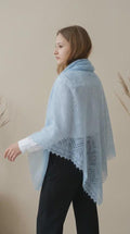 Authentic Orenburg lace-patterned down shawl, color blue