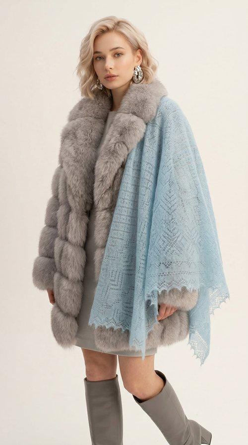 Authentic Orenburg lace-patterned down shawl, color blue