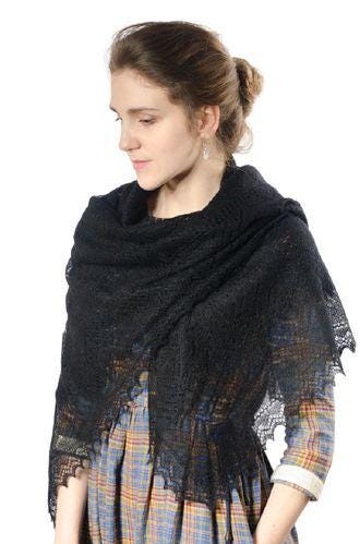 Authentic Orenburg lace-patterned down shawl, color black