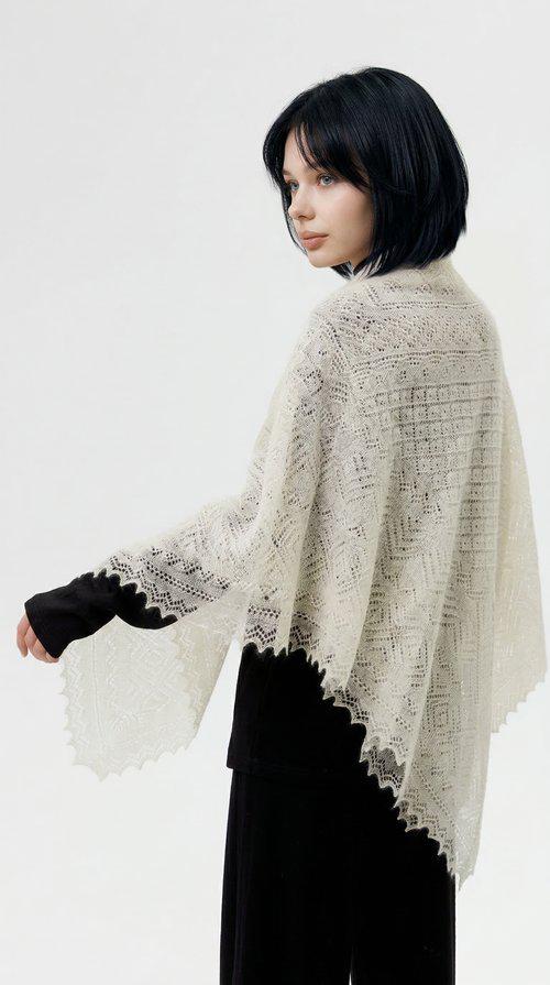 Authentic Orenburg lace-patterned down shawl, ecru.
