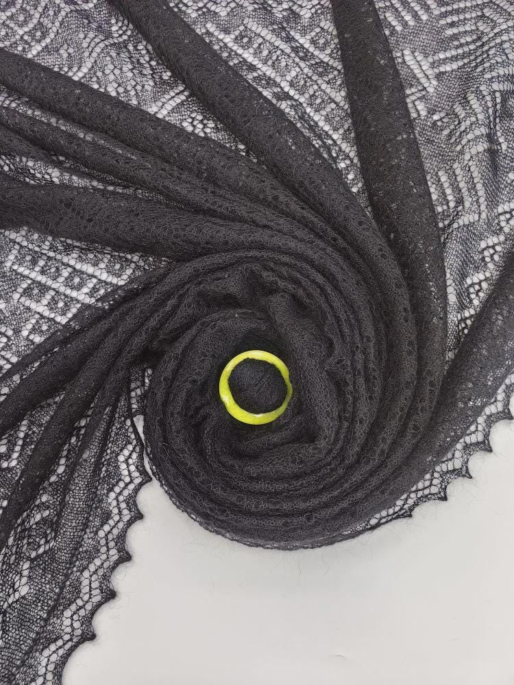 Authentic Orenburg lace-patterned down shawl, color black