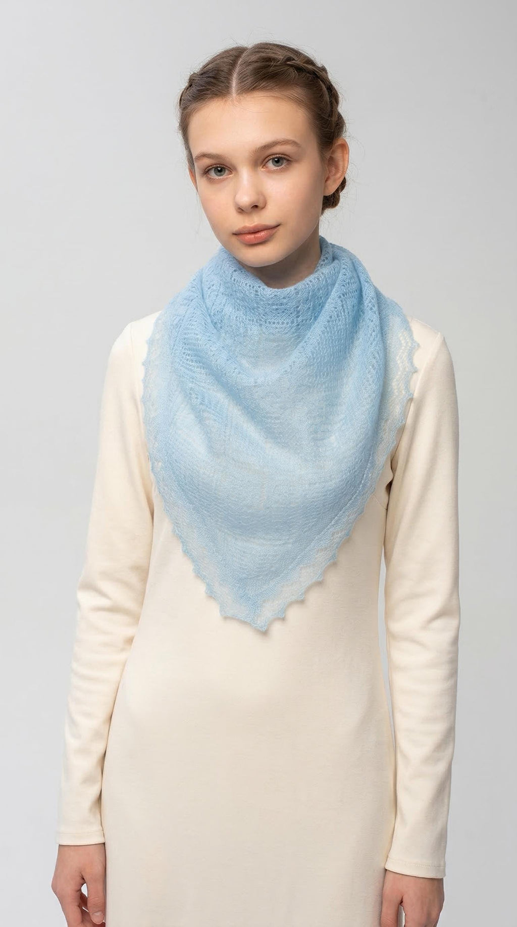 Authentic Orenburg lace-patterned down shawl, color blue