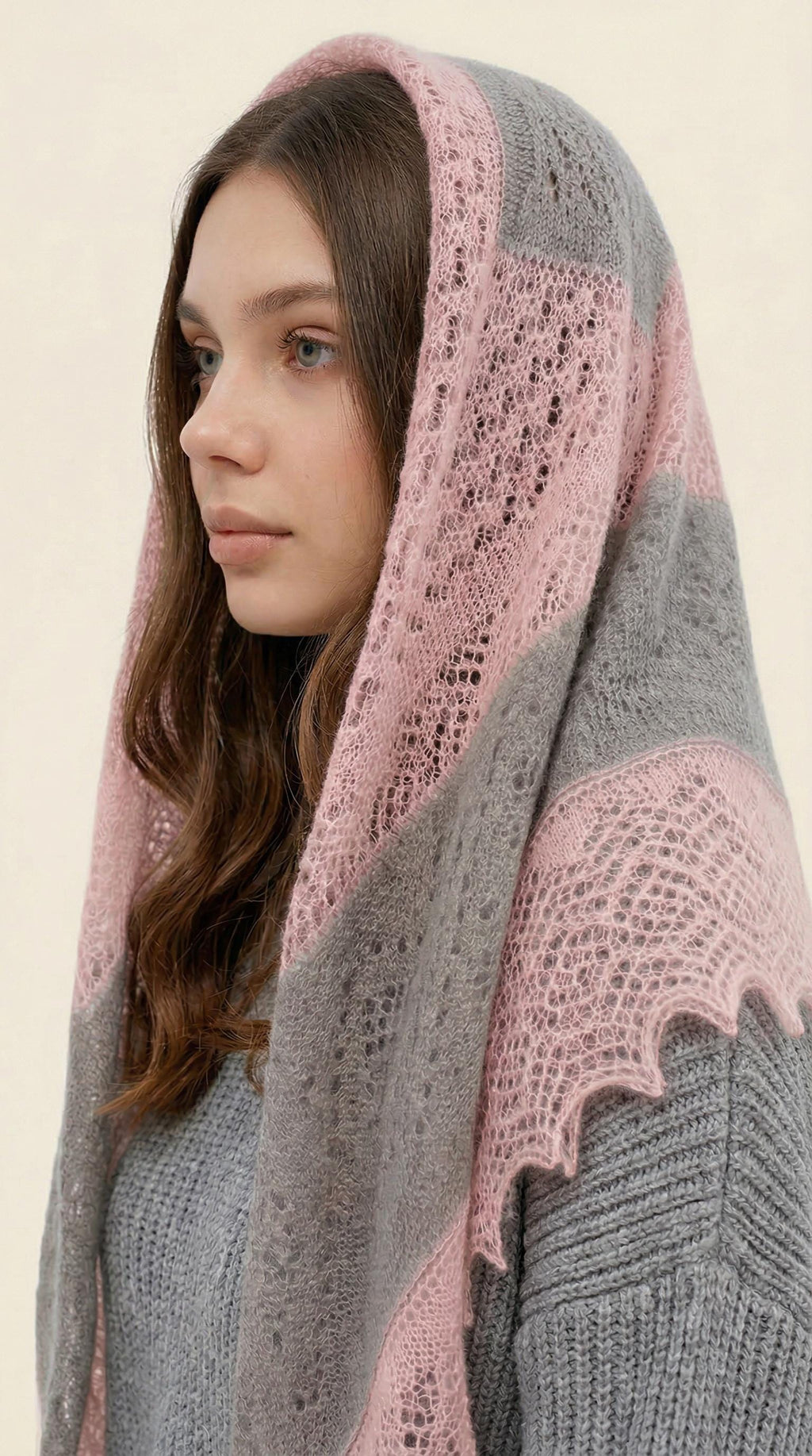 Authentic Orenburg lace-patterned down shawl, color magnolia/grey