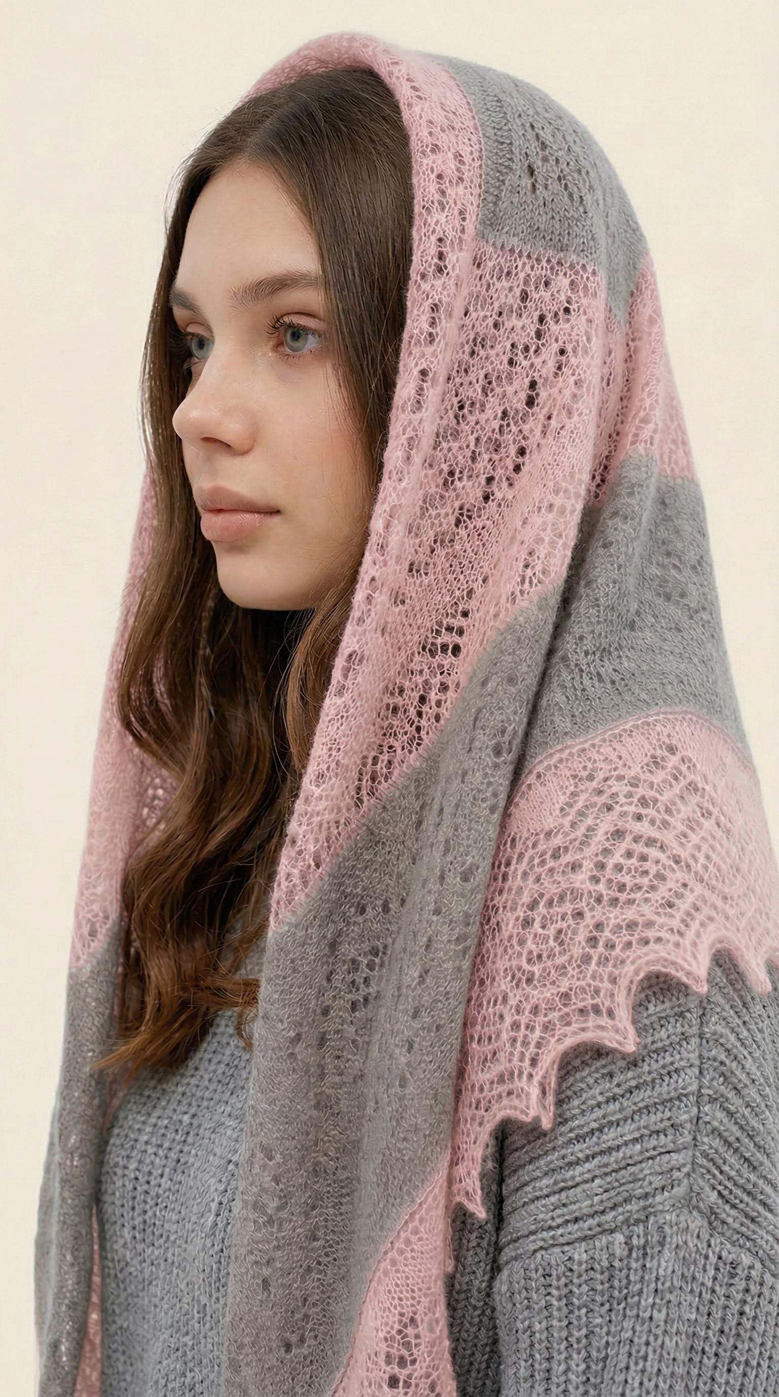 Authentic Orenburg lace-patterned down shawl, color magnolia/grey