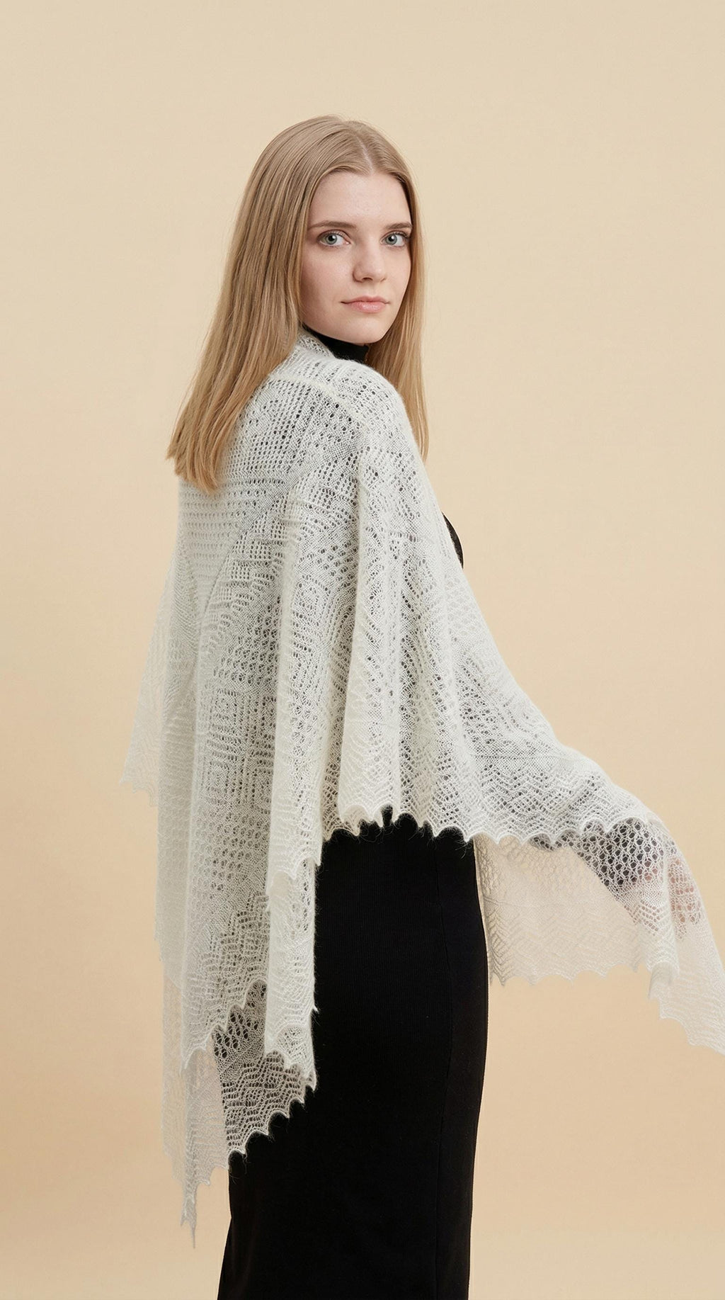 Authentic Orenburg Lace Down Shawl with Natural Silk, color ecru
