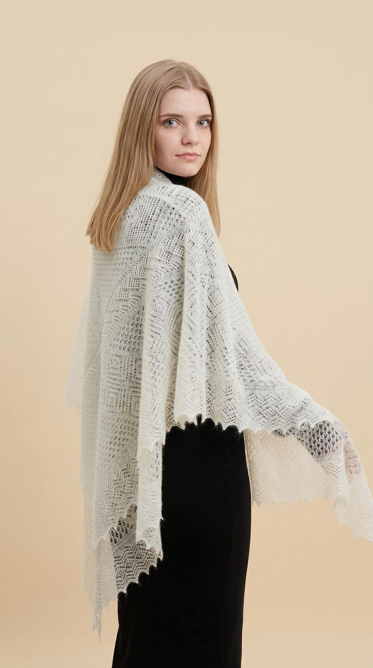 Authentic Orenburg Lace Down Shawl with Natural Silk, color ecru