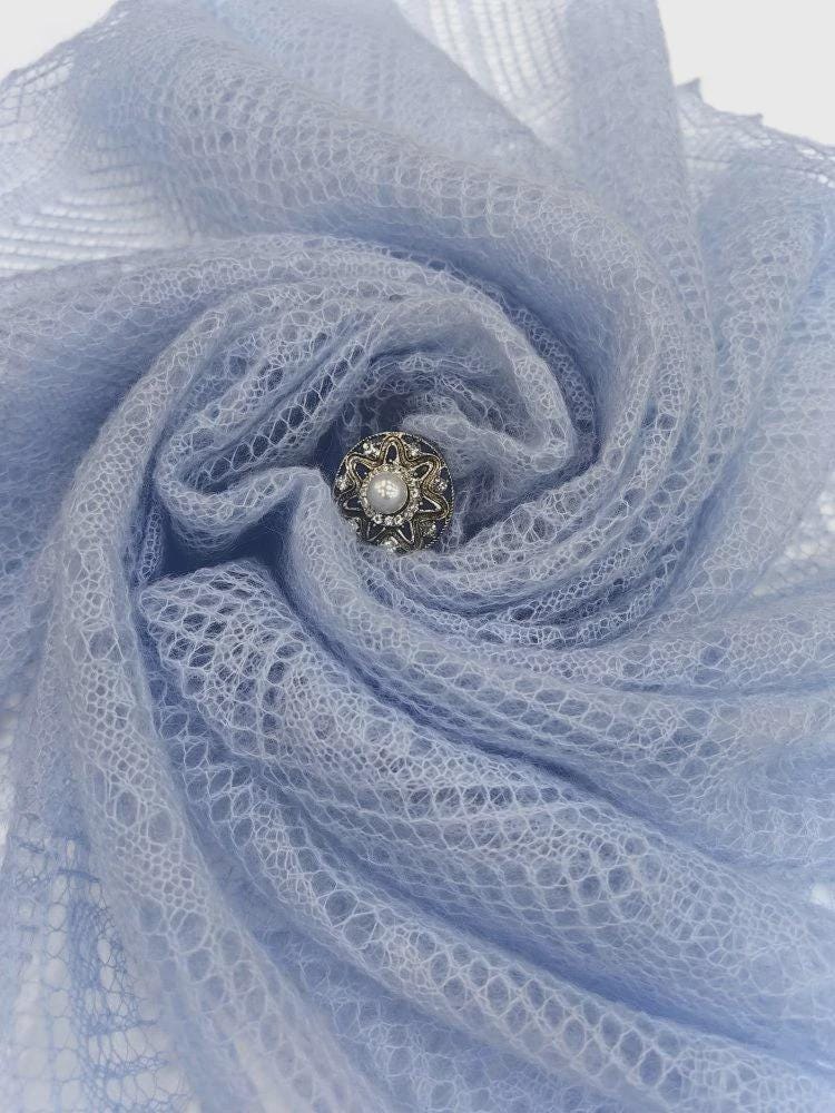 Authentic Orenburg lace-patterned down shawl, color blue