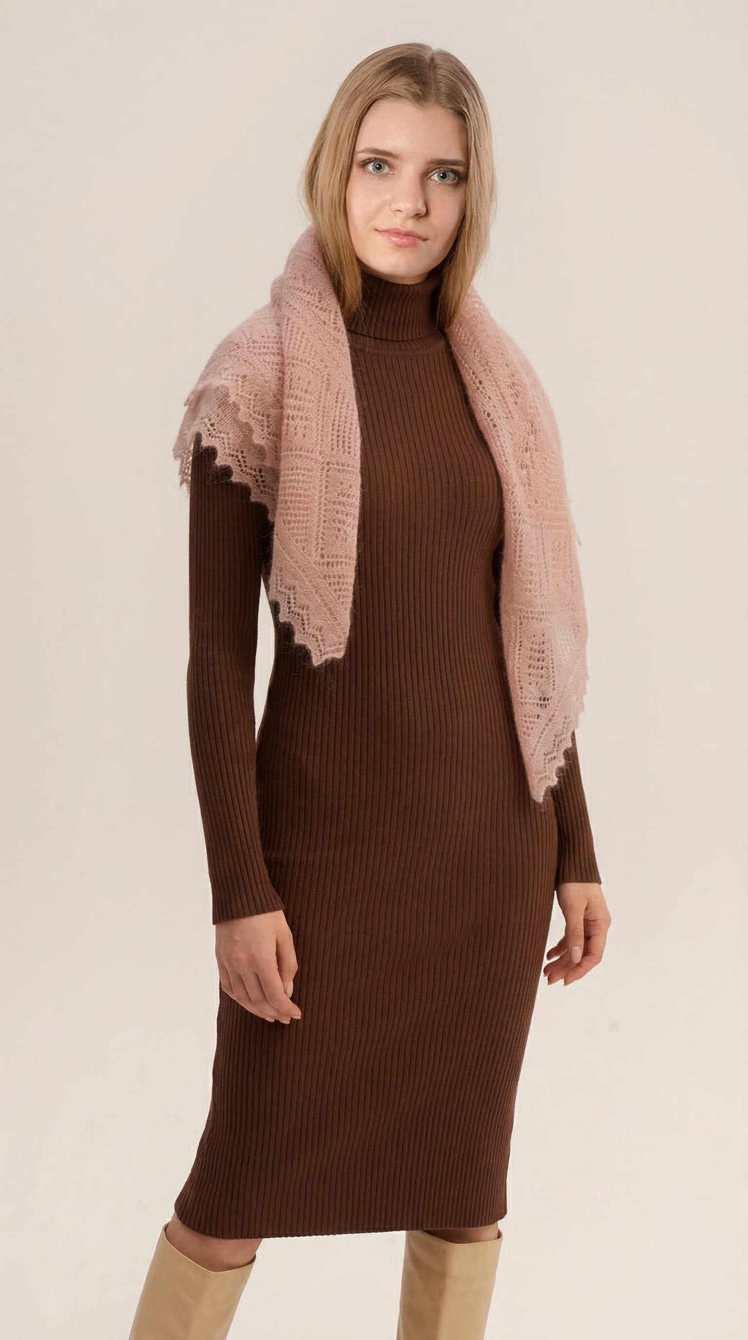 Authentic Orenburg lace-patterned down shawl, color magnolia