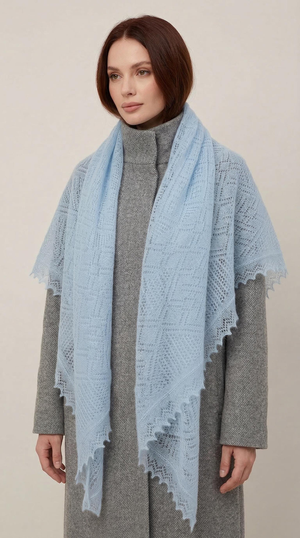 Authentic Orenburg lace-patterned down shawl, color blue