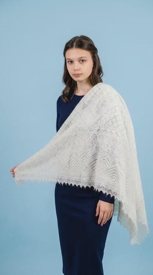 Authentic Orenburg lace-patterned down shawl, color white