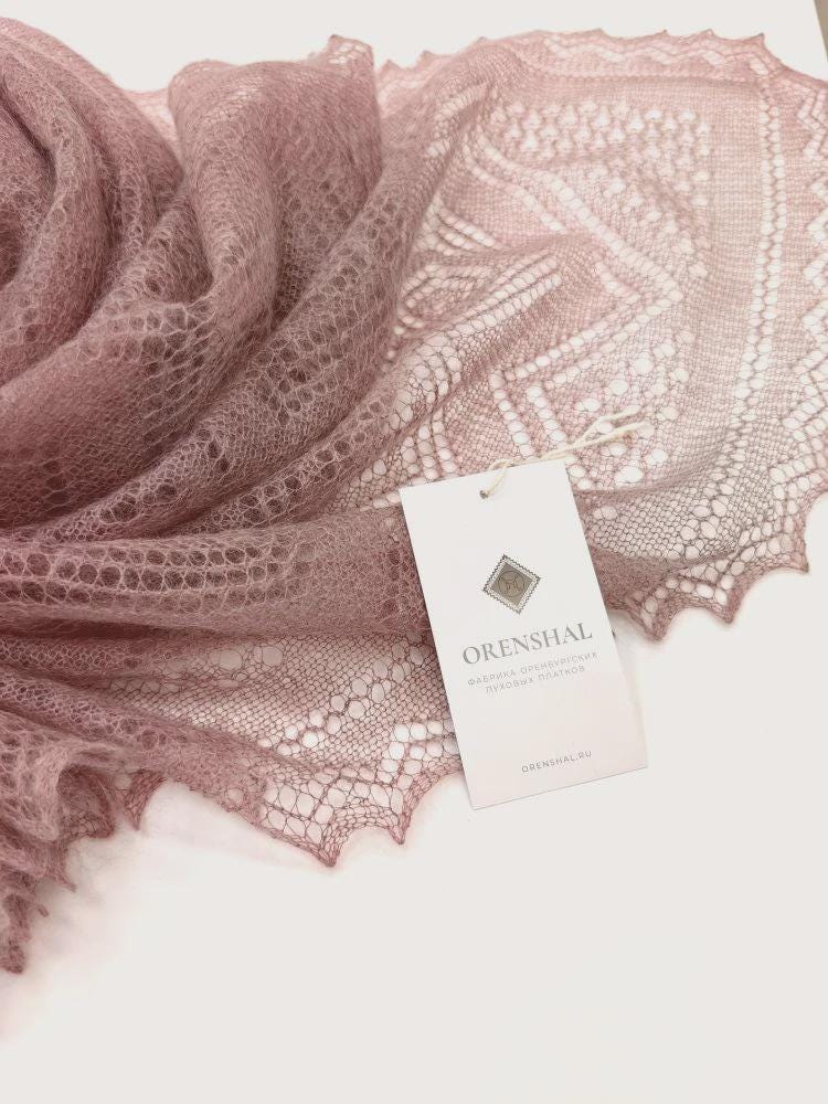 Authentic Orenburg lace-patterned down shawl, color magnolia