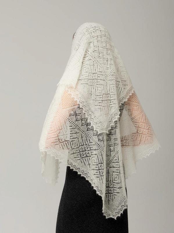 Authentic Orenburg lace-patterned down shawl, color ecru