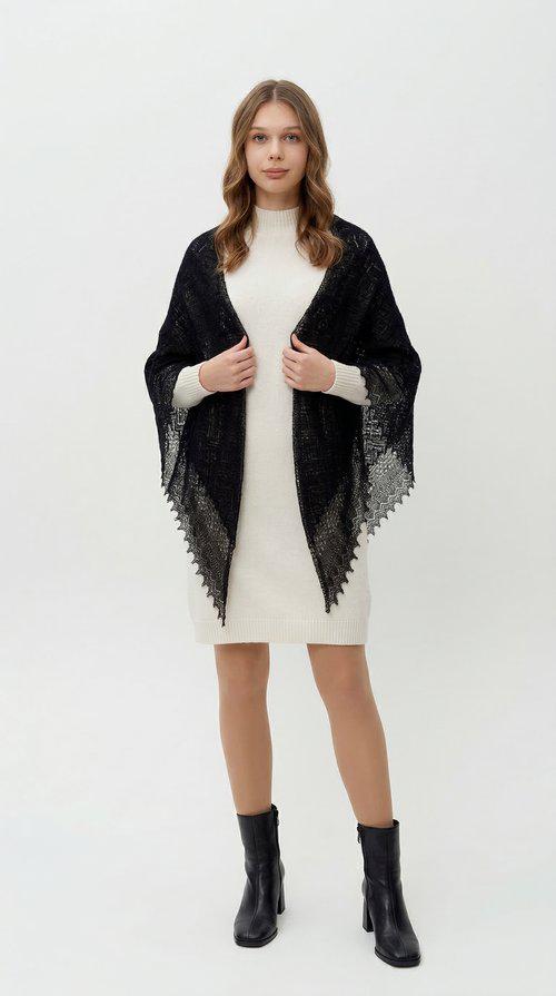 Authentic Orenburg lace-patterned down shawl, color black