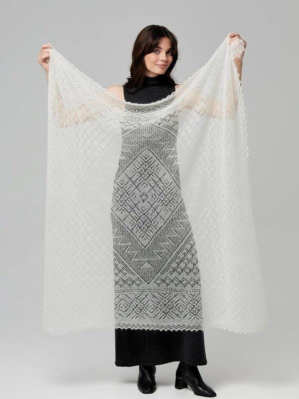 Authentic Orenburg lace-patterned down shawl, color ecru