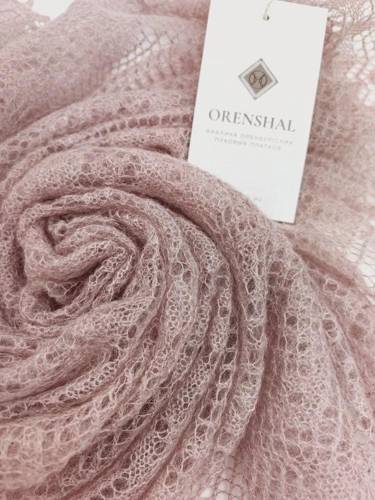 Authentic Orenburg lace-patterned down shawl, color magnolia