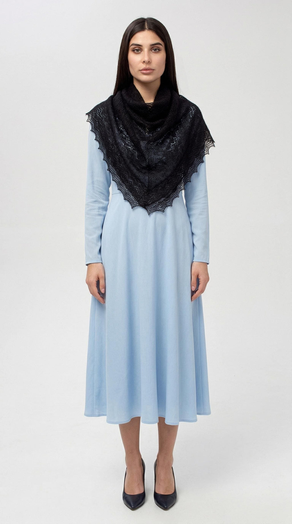 Authentic Orenburg Lace Down Shawl with Natural Silk, color Jet Black
