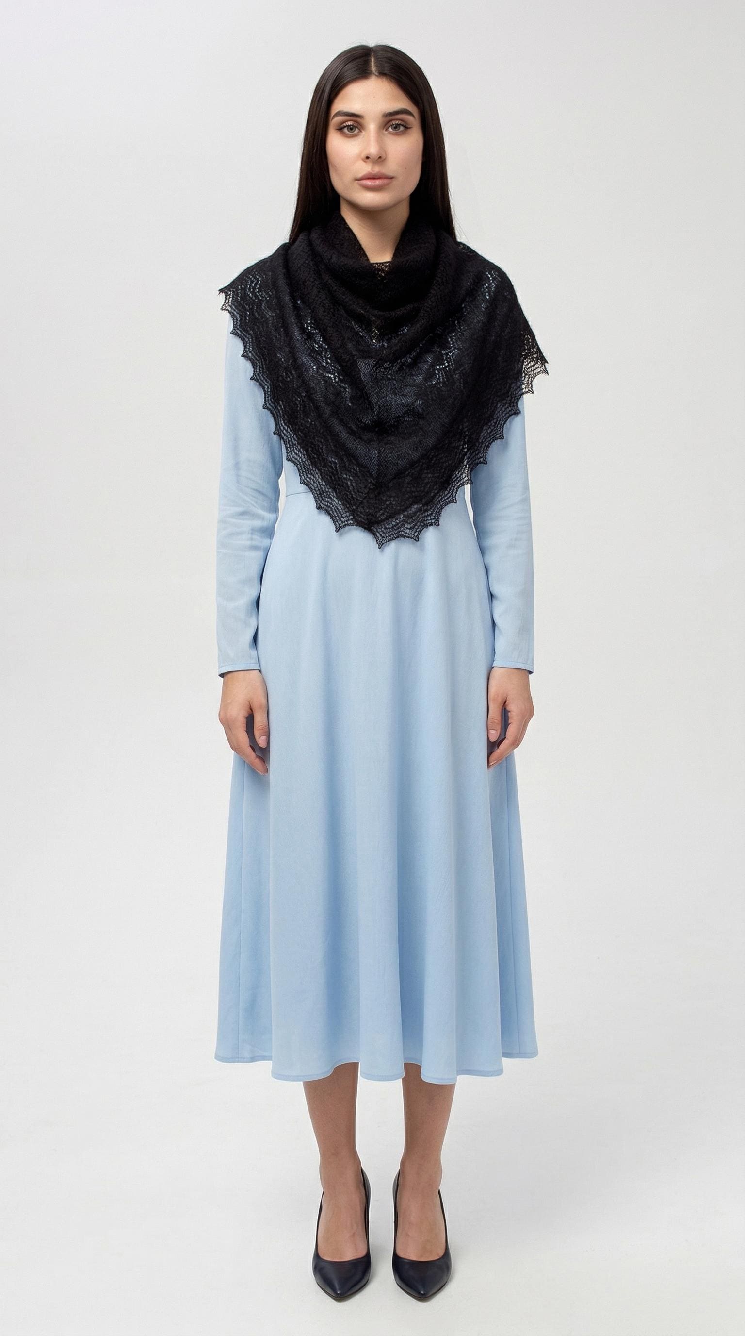 Authentic Orenburg Lace Down Shawl with Natural Silk, color Jet Black