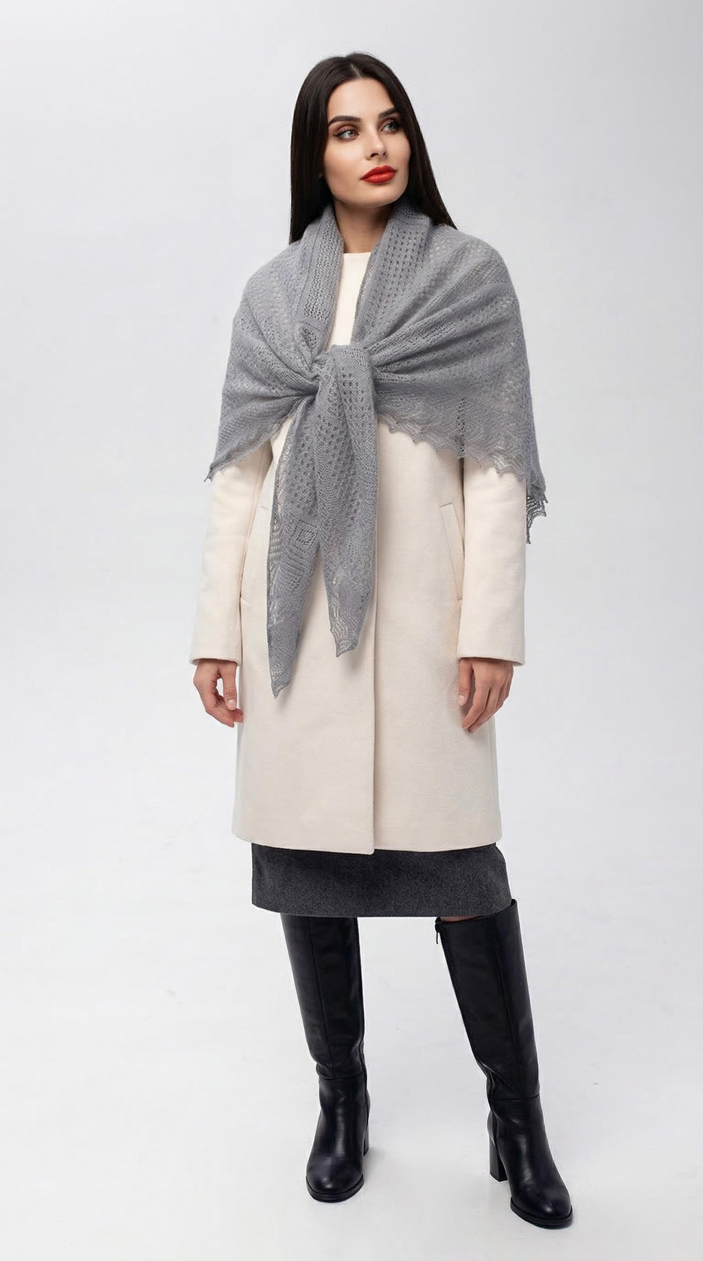 Authentic Orenburg Lace Down Shawl with Natural Silk, color Natural Grey