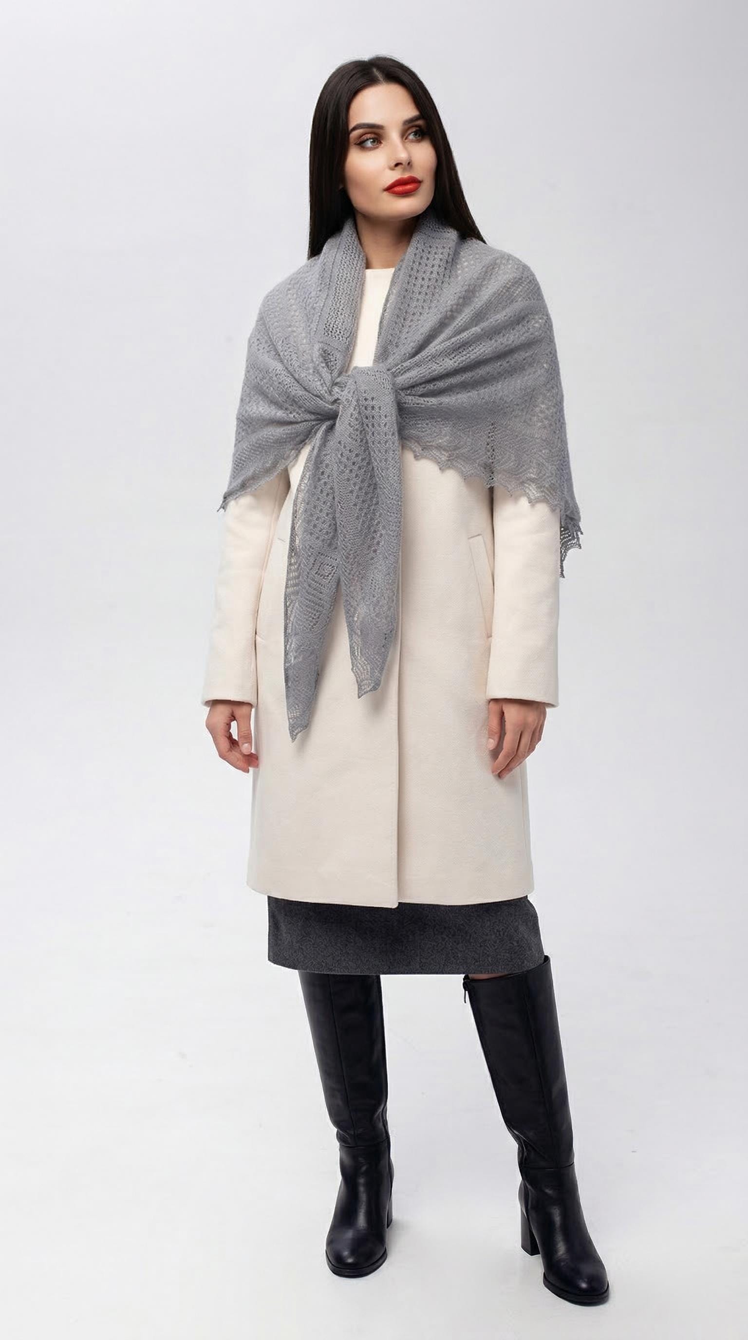 Authentic Orenburg Lace Down Shawl with Natural Silk, color Natural Grey