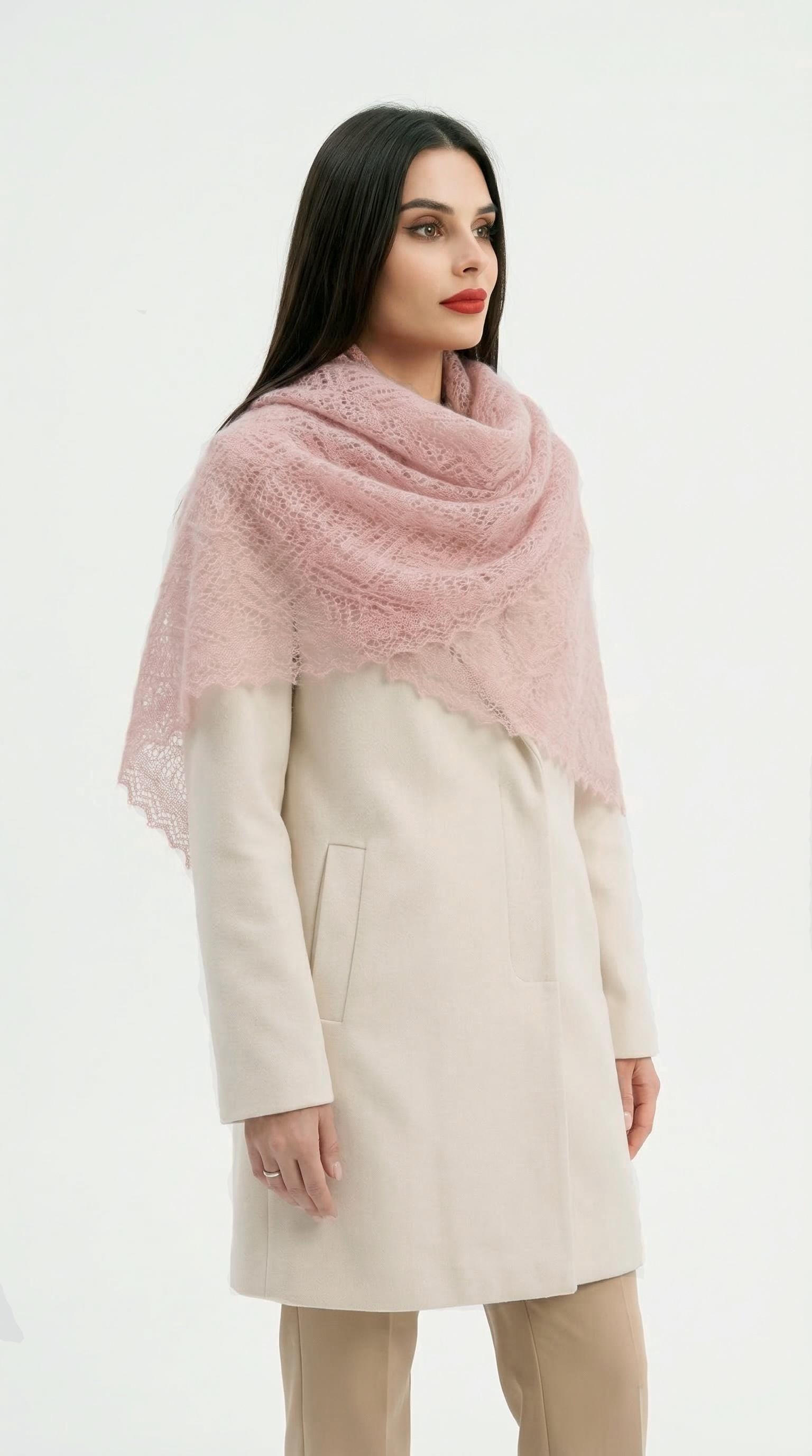 Authentic Orenburg lace-patterned down shawl, color magnolia