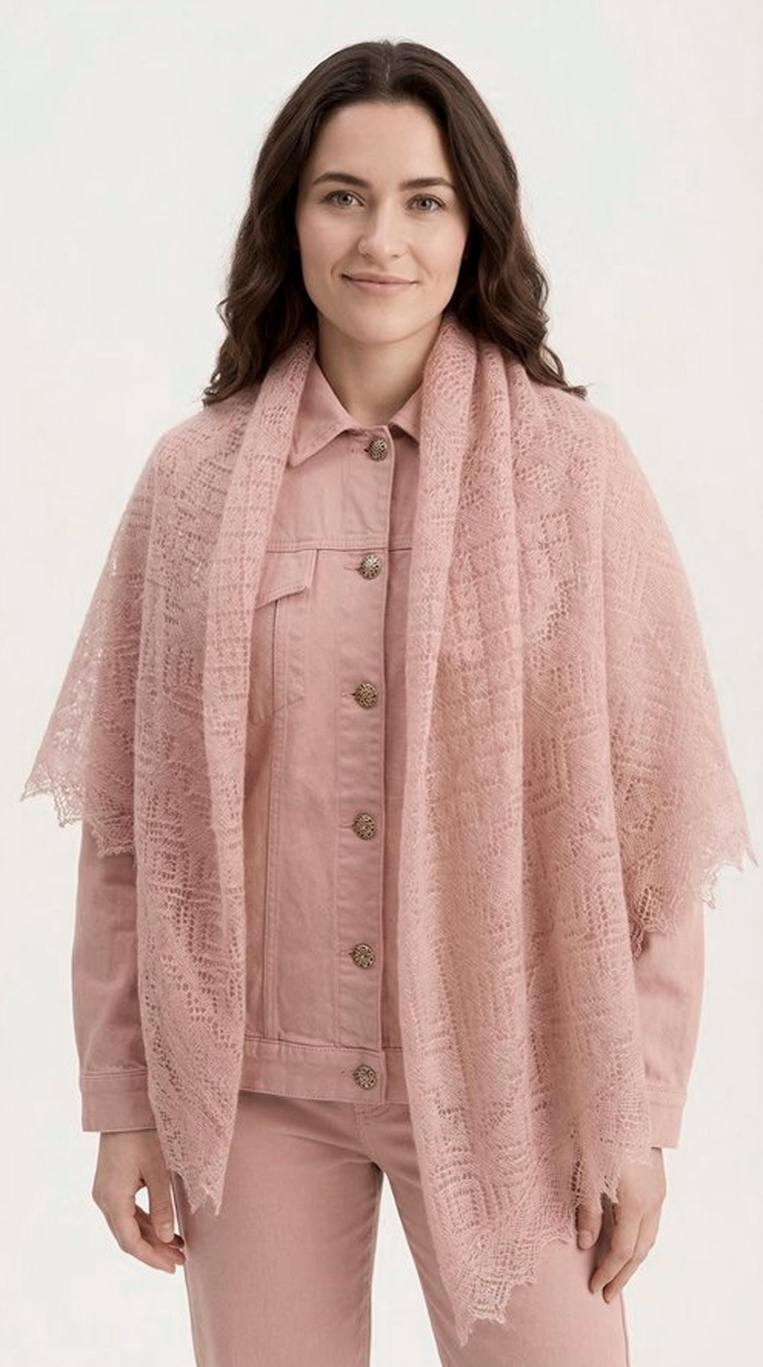 Authentic Orenburg lace-patterned down shawl, color magnolia