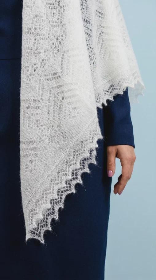Authentic Orenburg lace-patterned down shawl, color white