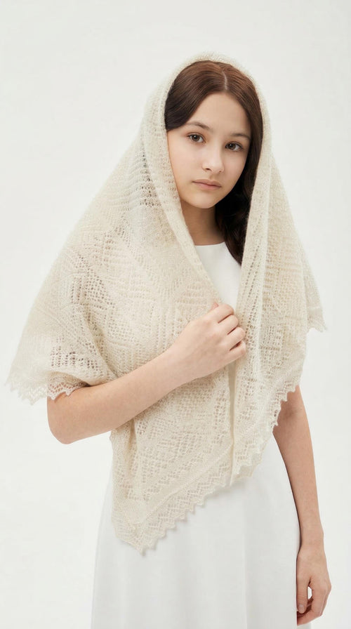 Authentic Orenburg gossamer lace shawl with subtle lurex shimmer, color ecru