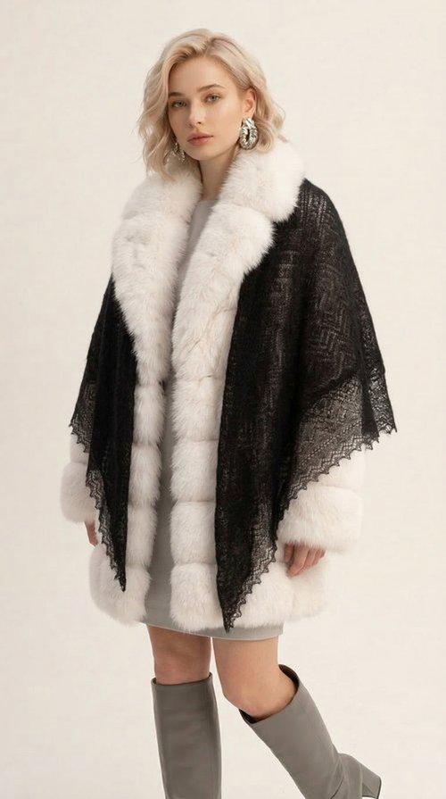 Authentic Orenburg lace-patterned down shawl, color black