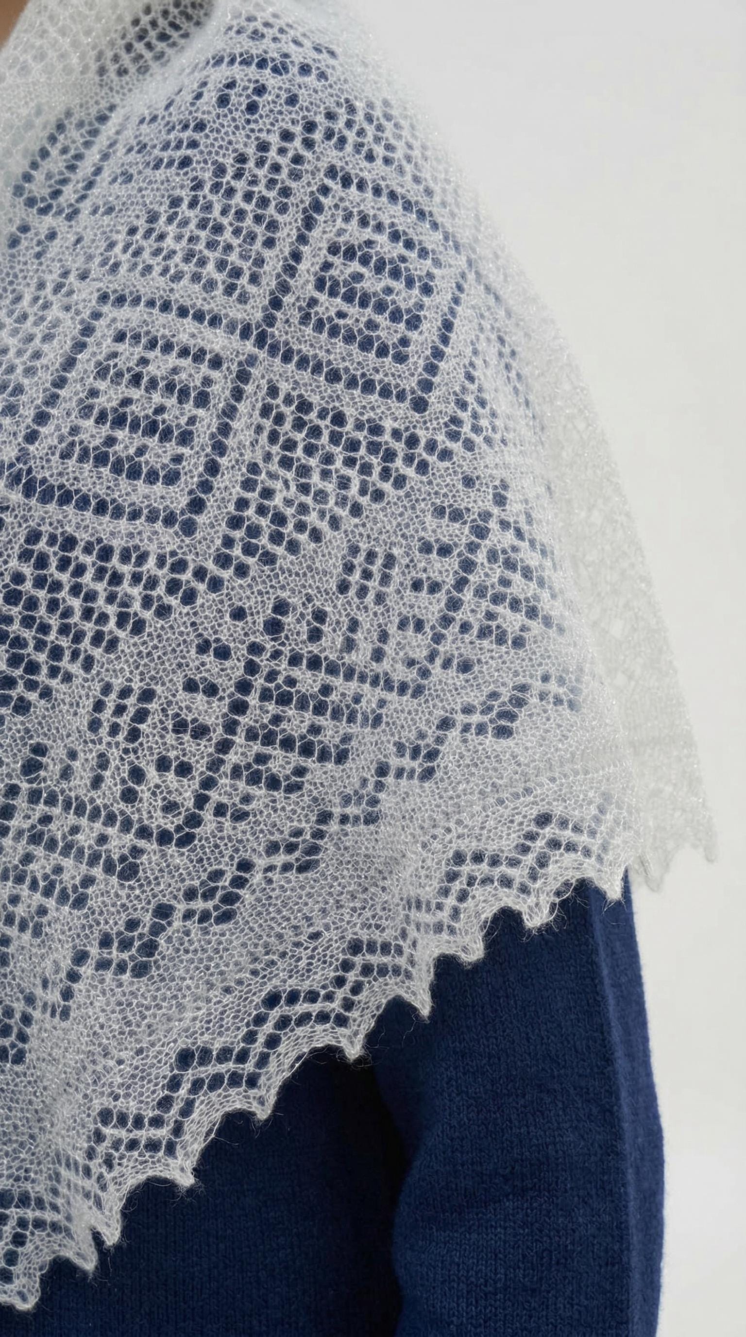 Authentic Orenburg gossamer lace shawl with subtle lurex shimmer, color white