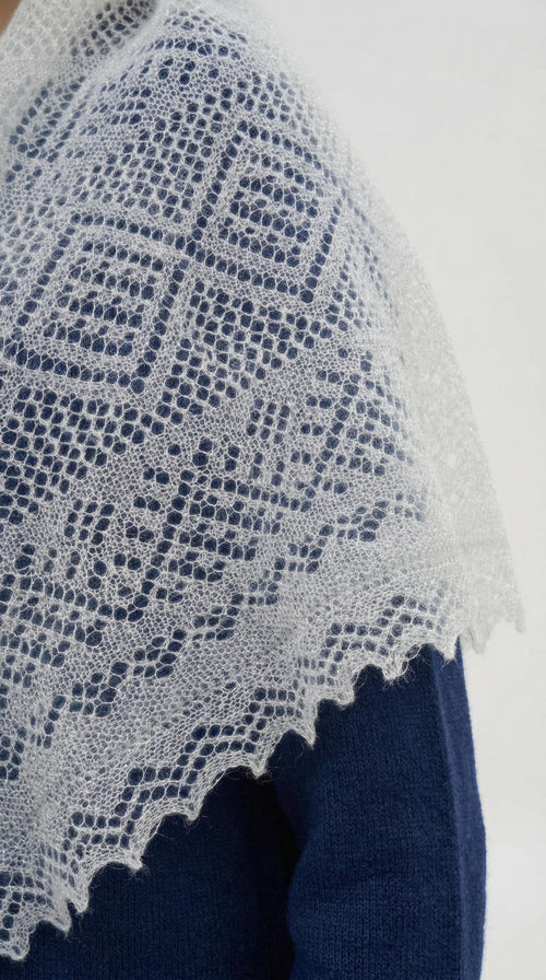 Authentic Orenburg gossamer lace shawl with subtle lurex shimmer, color white