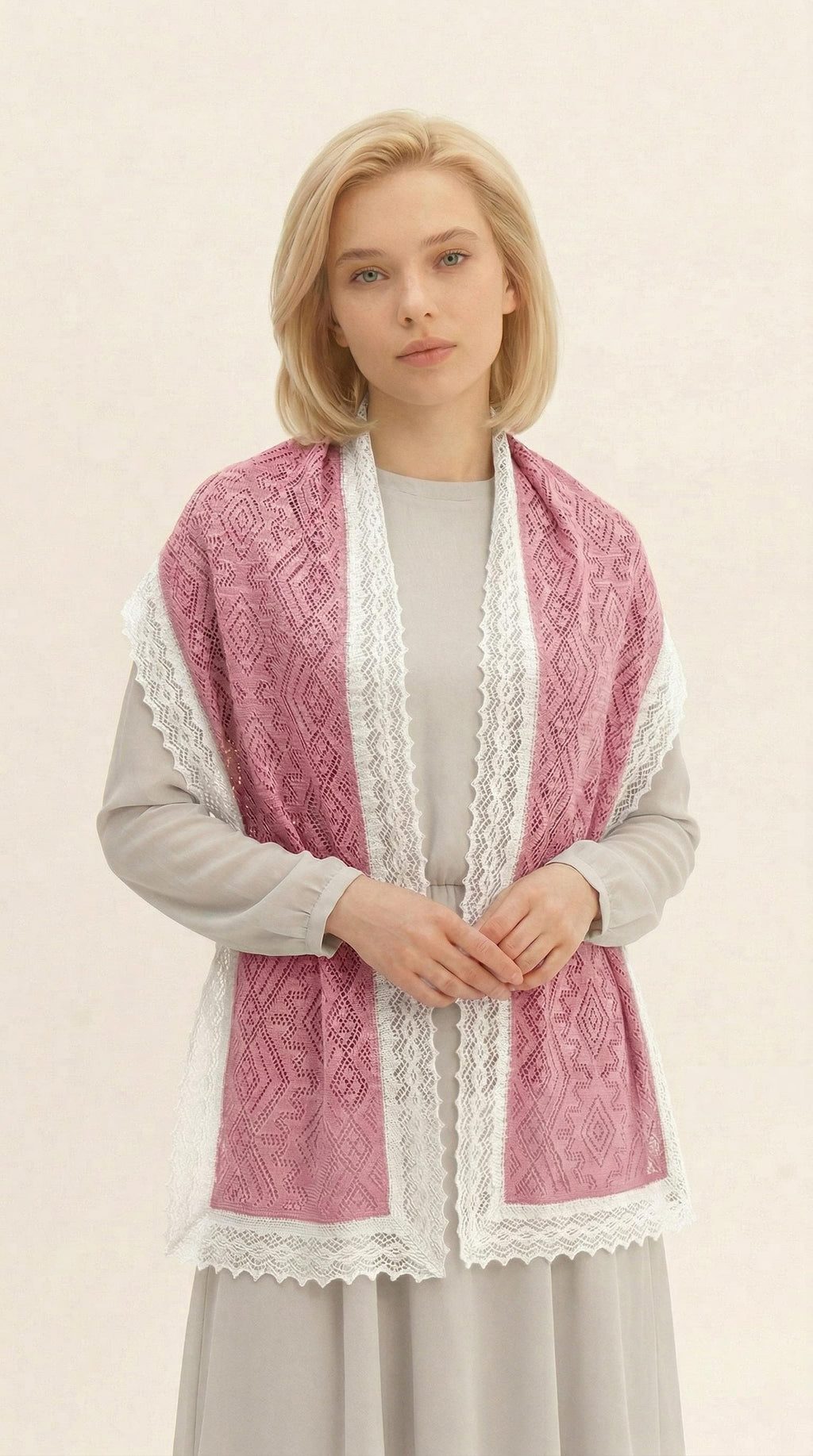 Authentic Orenburg Lace Summer Stole — Lightweight Cotton and Goat Down Scarf — Dusty Rose & Ecru