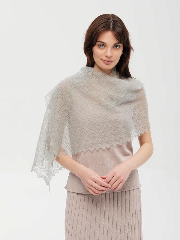Authentic handcrafted Orenburg down stole, color grey