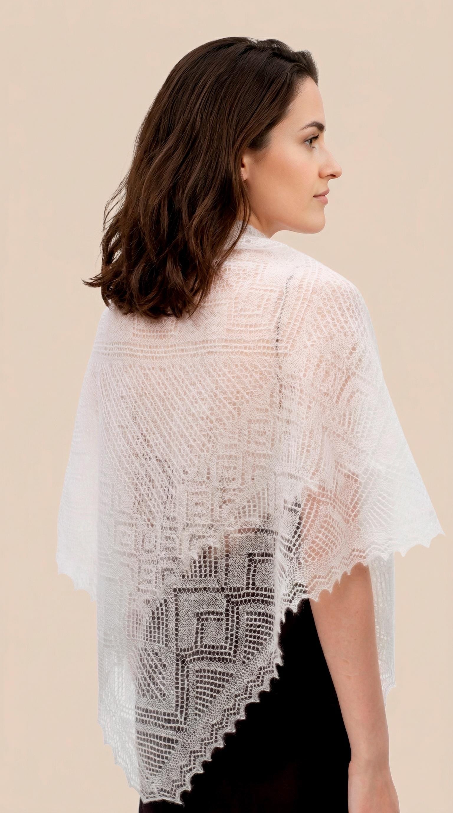Authentic Orenburg lace-patterned down shawl, color ecru