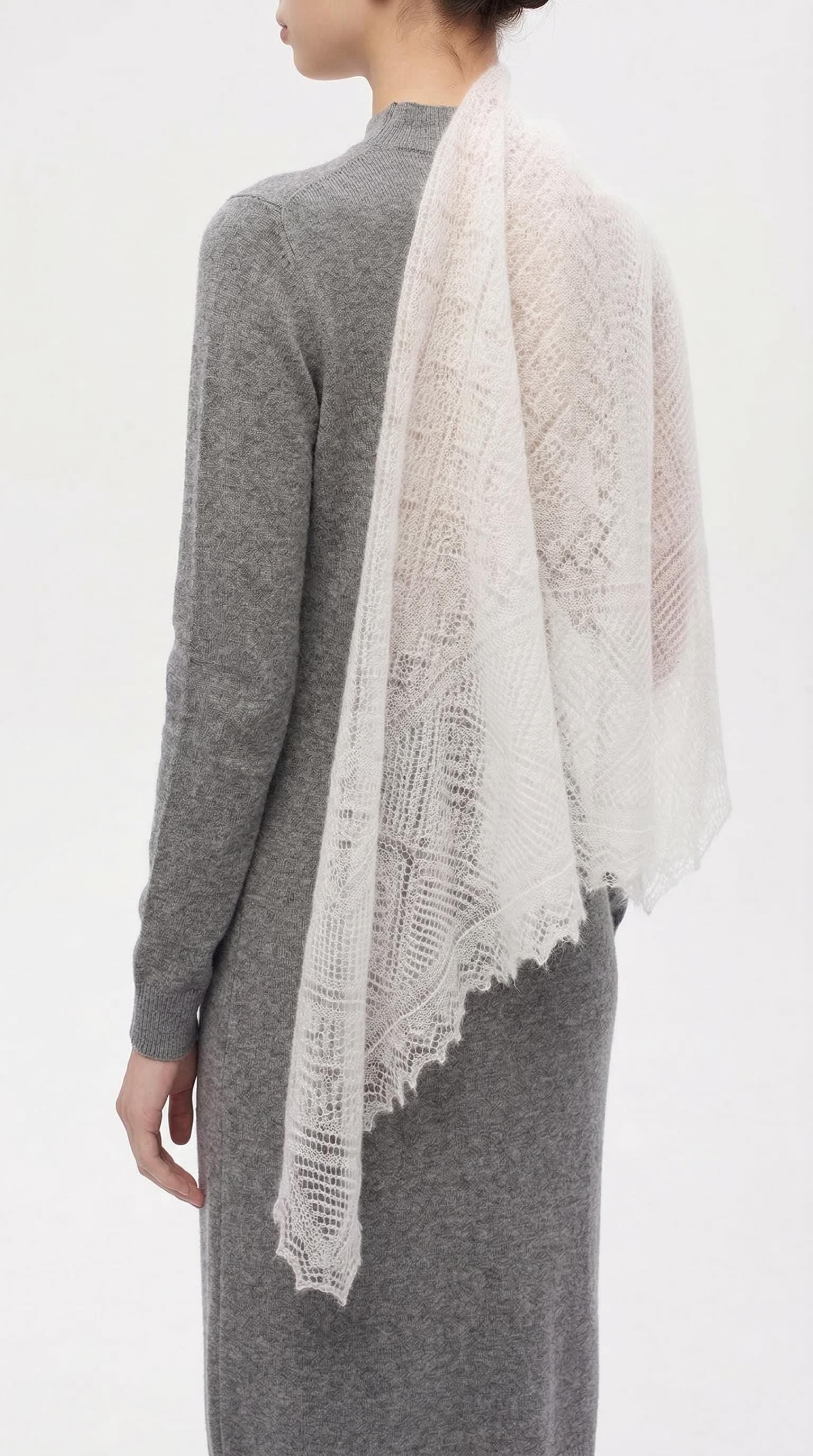 Authentic Orenburg lace-patterned down shawl, color ecru