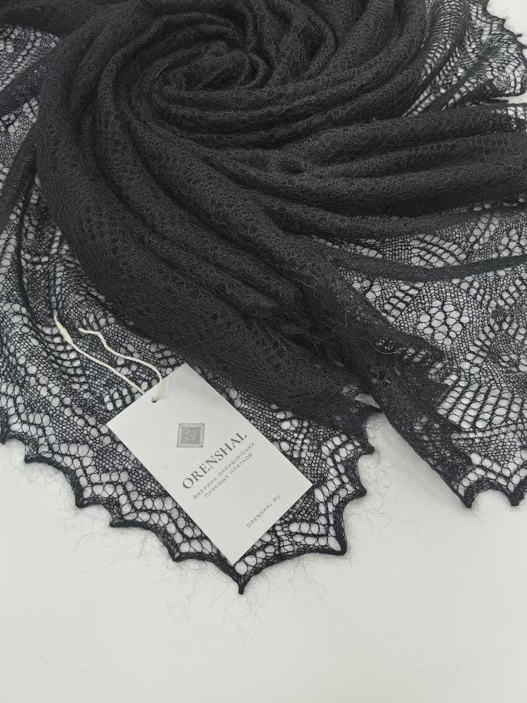 Authentic Orenburg lace-patterned down shawl, color black