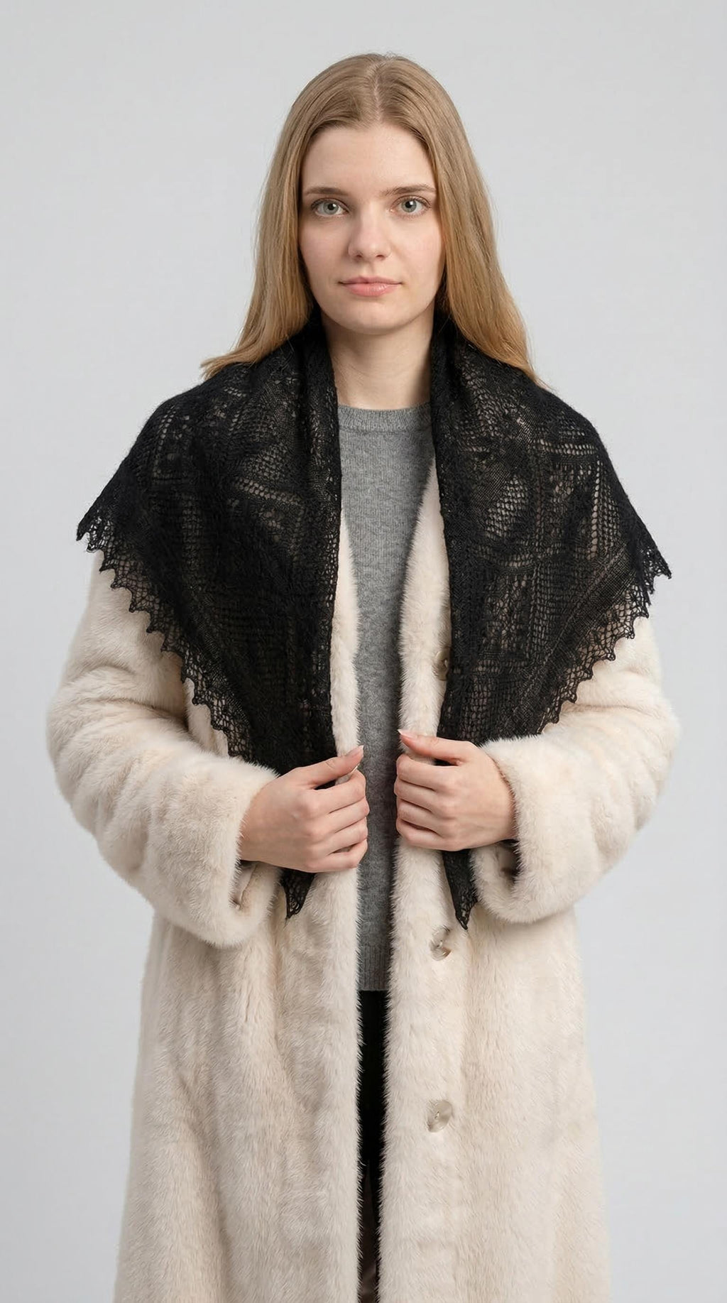 Authentic Orenburg lace-patterned down shawl, color black