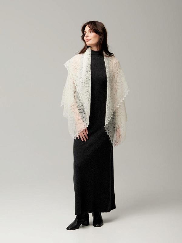 Authentic Orenburg lace-patterned down shawl, color ecru