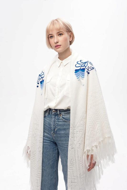 Authentic Orenburg shawl featuring traditional Gzhel - patterned embroidery